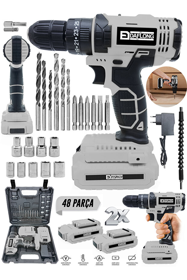 E-tech Çift Şanzıman Şarjlı Matkap-gri - 1