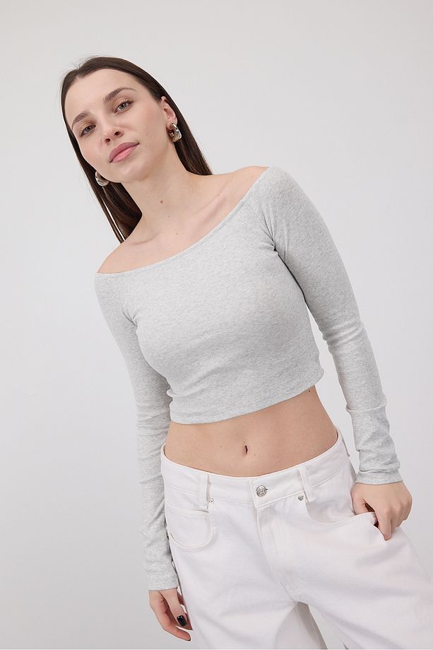 Kayık Yaka Uzun Kollu Crop Bluz B1593-s8 - 1
