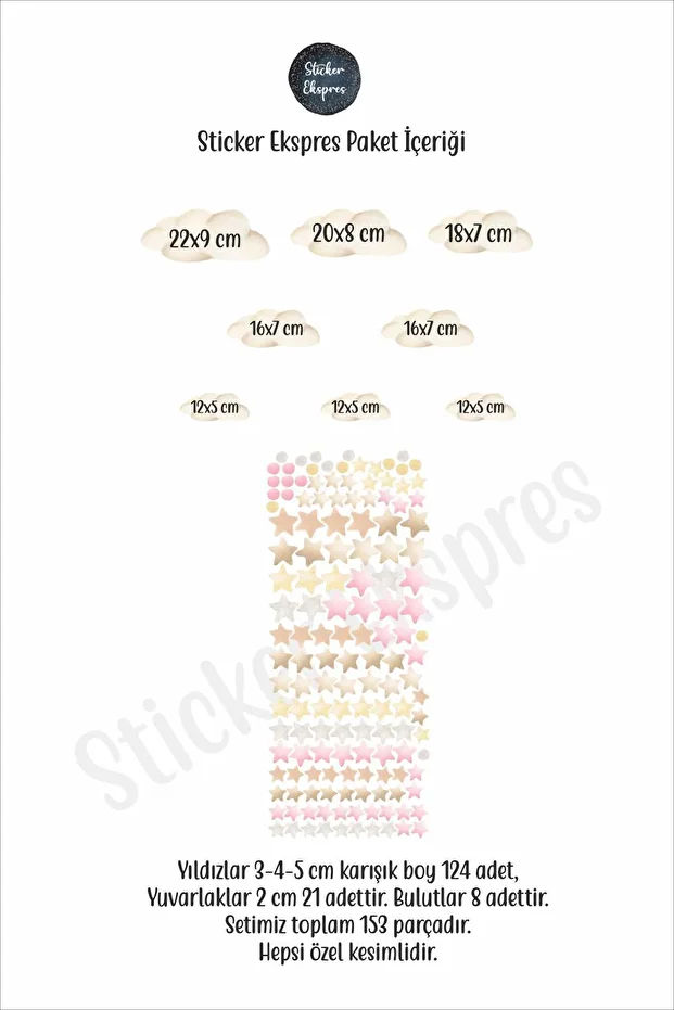 Soft Renklerde Bulut Yıldız Ve Yuvarlaklar Çocuk Odası Duvar Sticker Seti - 5