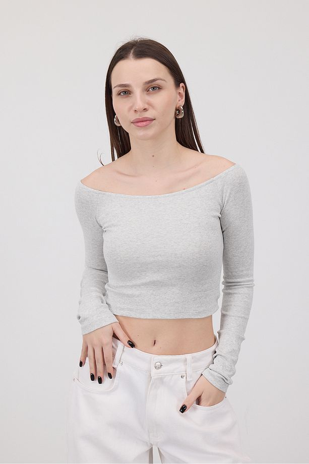Kayık Yaka Uzun Kollu Crop Bluz B1593-s8 - 6