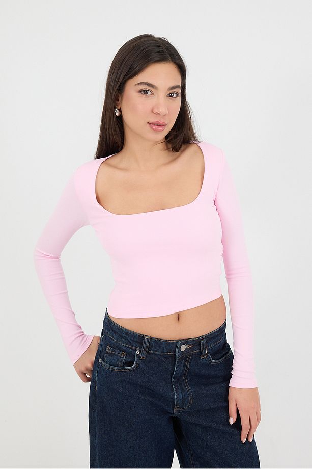 Kare Yaka Uzun Kollu Basic Crop Bluz B3713-J1 - 3