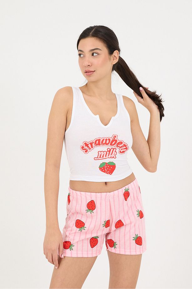 Çilek Baskılı Şortlu Pijama Takımı Ş072-T6 - 2