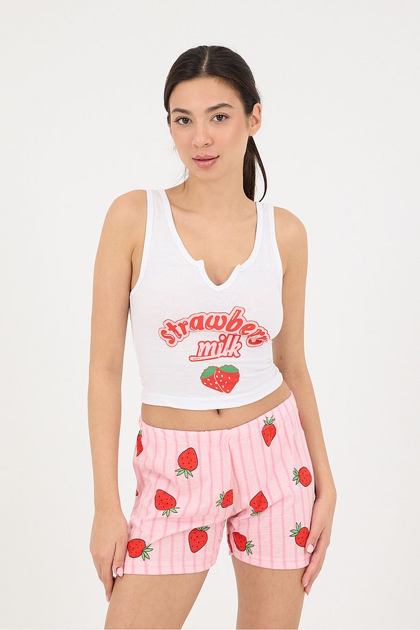 Çilek Baskılı Şortlu Pijama Takımı Ş072-T6 - 1