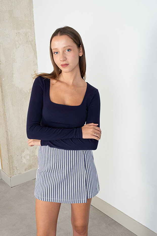 Kare Yaka Uzun Kollu Basic Crop Bluz B3713-j1 - 4