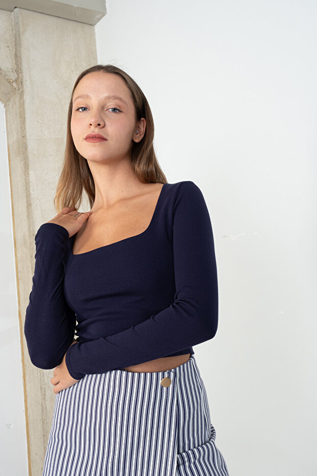 Kare Yaka Uzun Kollu Basic Crop Bluz B3713-j1 - 2