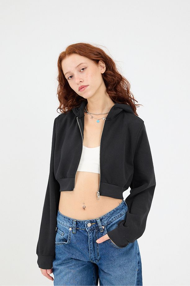 Şardonlu Kapüşonlu Crop Sweatshirt H1526-İ9 - 3
