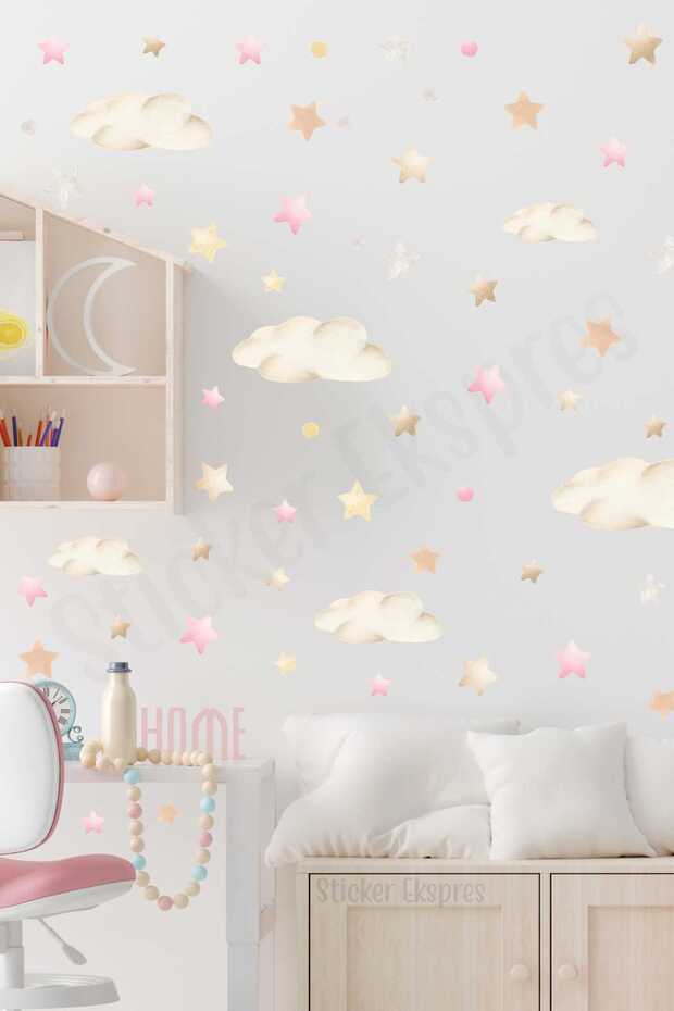 Soft Renklerde Bulut Yıldız Ve Yuvarlaklar Çocuk Odası Duvar Sticker Seti - 3