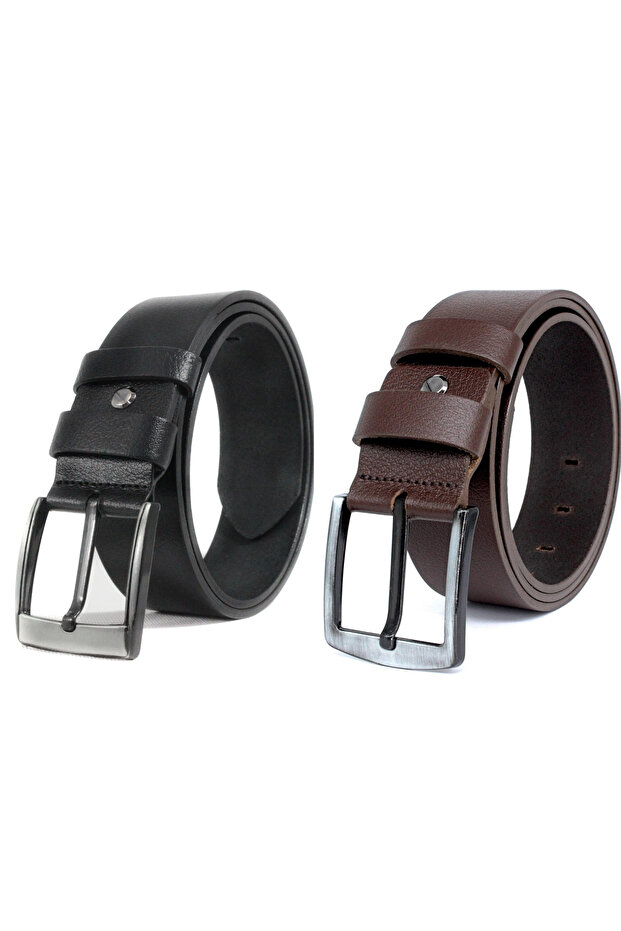 2-Pack Men's 100% Genuine Buffalo Leather Black Buckle Men's Jeans Belt 4.5 cm Black-Brown