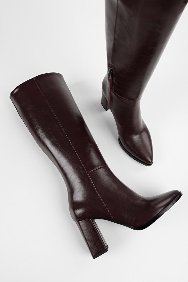 Dámské odvážné vínové kožené kozačky na podpatku - 3