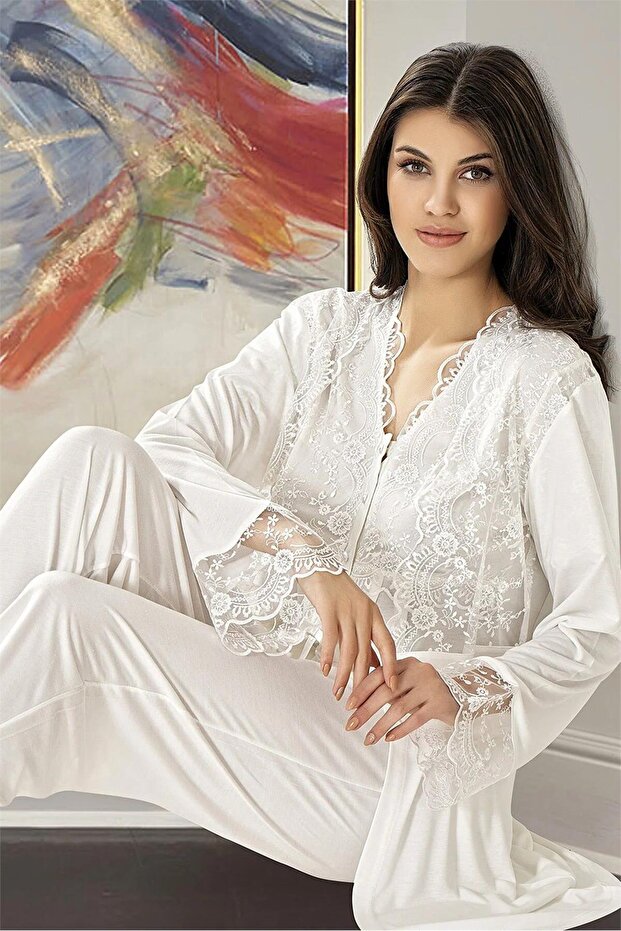 4300 Women's Maternity Pajama Set with Dressing Gown-Ecru