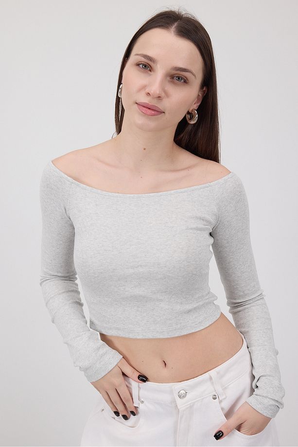 Kayık Yaka Uzun Kollu Crop Bluz B1593-s8 - 3