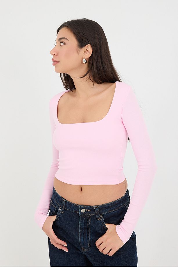 Kare Yaka Uzun Kollu Basic Crop Bluz B3713-J1 - 6