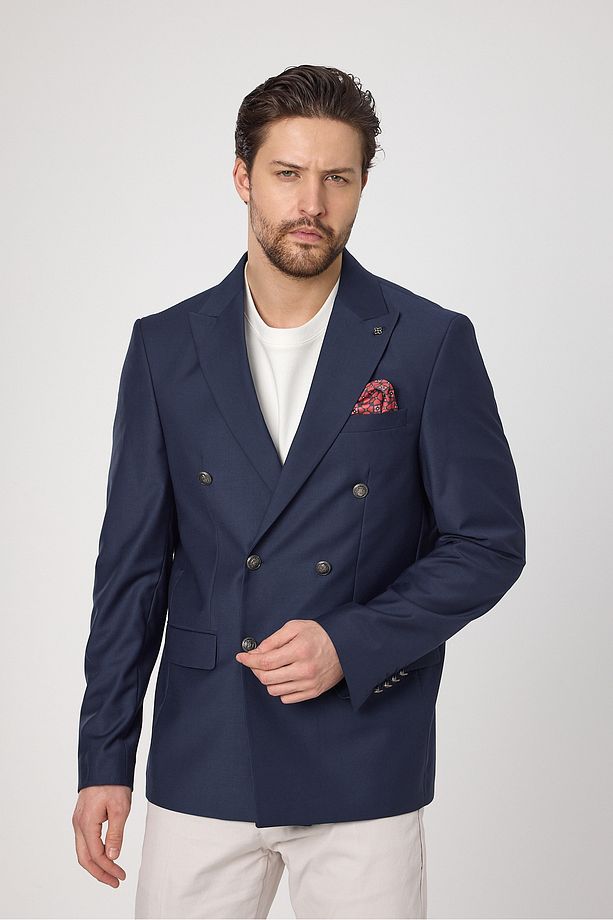 Fatuse Erkek Saks Kruvaze 6 Adet Metal Düğmeli 4 Mevsim Blazer Ceket - 1