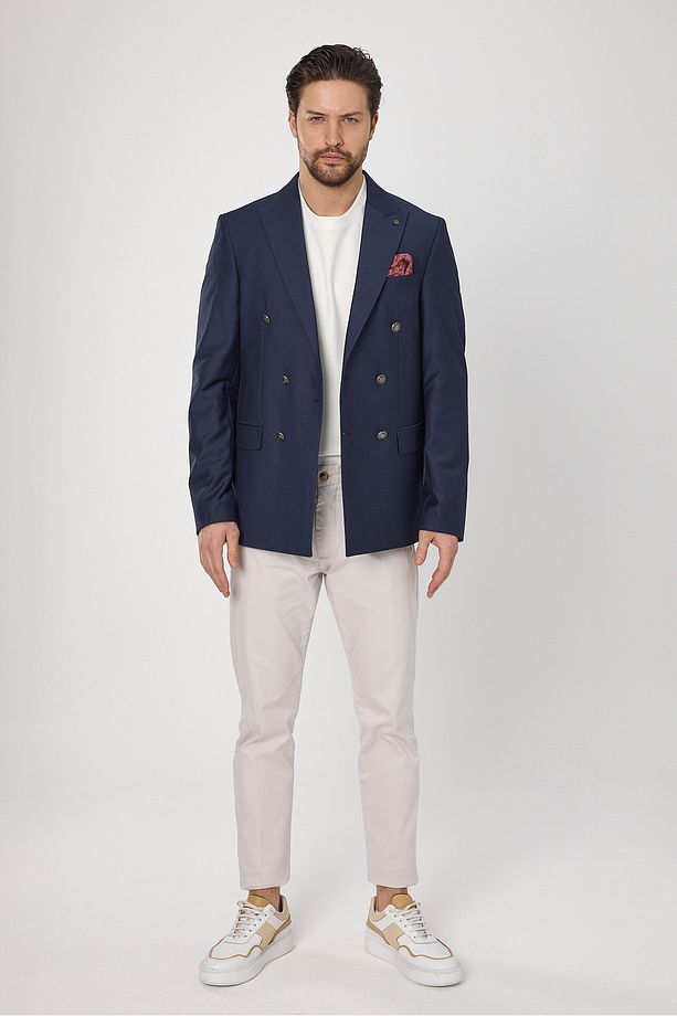 Fatuse Erkek Saks Kruvaze 6 Adet Metal Düğmeli 4 Mevsim Blazer Ceket - 8