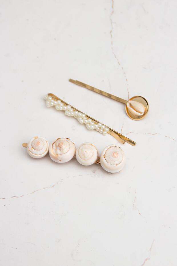 مشبك ثلاثي مرصع باللؤلؤ على شكل صدف - 2