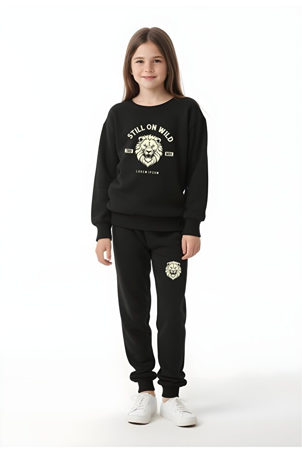 Girl's Round Neck Lion Printed Tracksuit