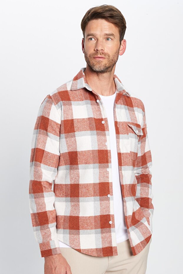 Men's Slim Fit Slim Fit Lumberjack Single Pocket Checked Winter Shirt