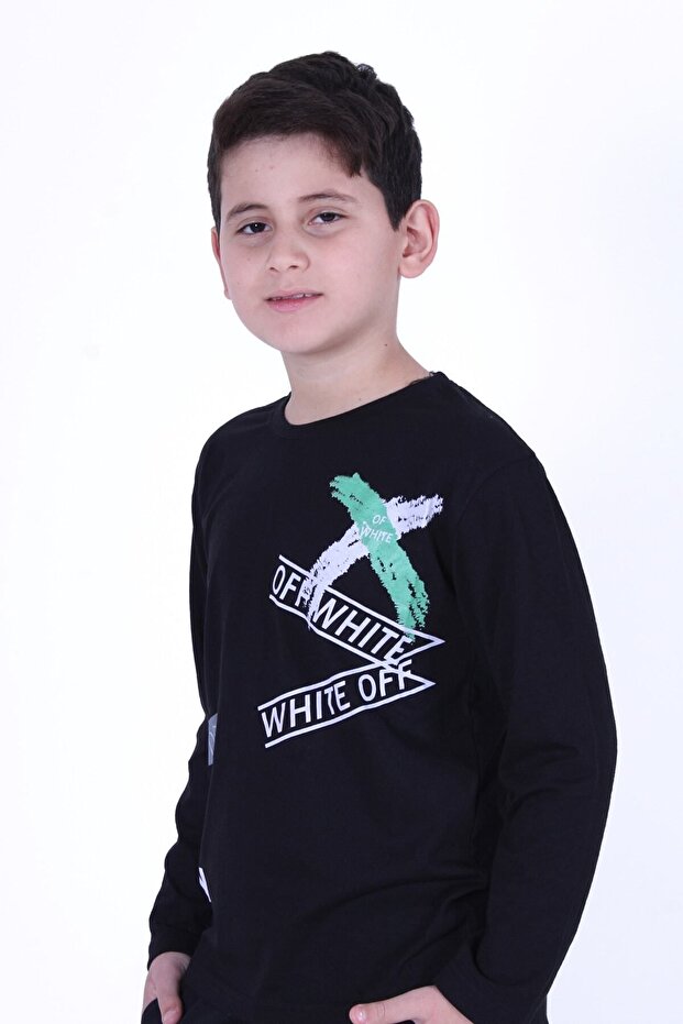 Long Sleeve Off White X Text Printed 2 Thread Boys Sweatshirt