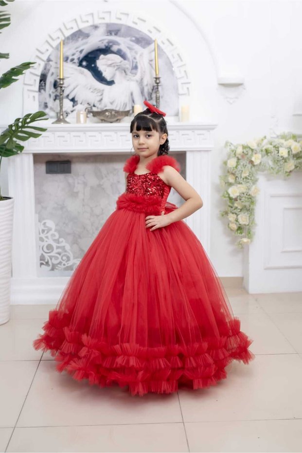 Red Tulle Children's Evening Dress Princess Dress Wedding and Birthday Outfit