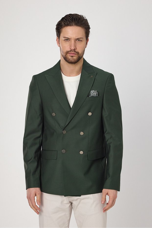Fatuse Men's Khaki Double Breasted 6 Pieces Metal Buttons 4 Season Blazer Jacket