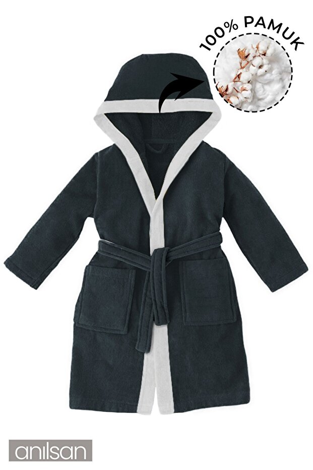 Dark Grey-White Striped Hooded Bathrobe for Girls and Boys, 100% Cotton