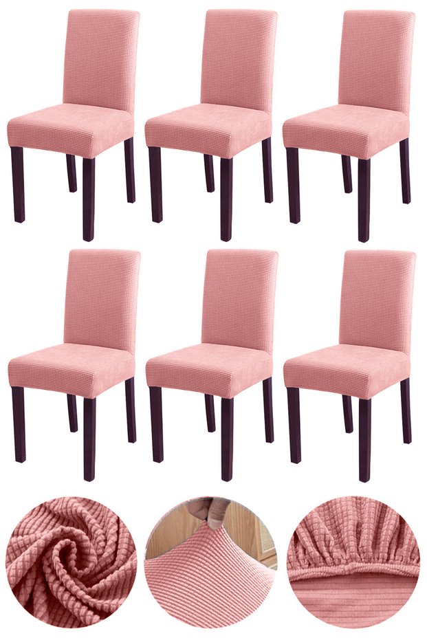 Bamboo Nano Fabric Lycra Washable 6-Piece Chair Cover Elastic Chair Cover (6 Pcs) - Salmon