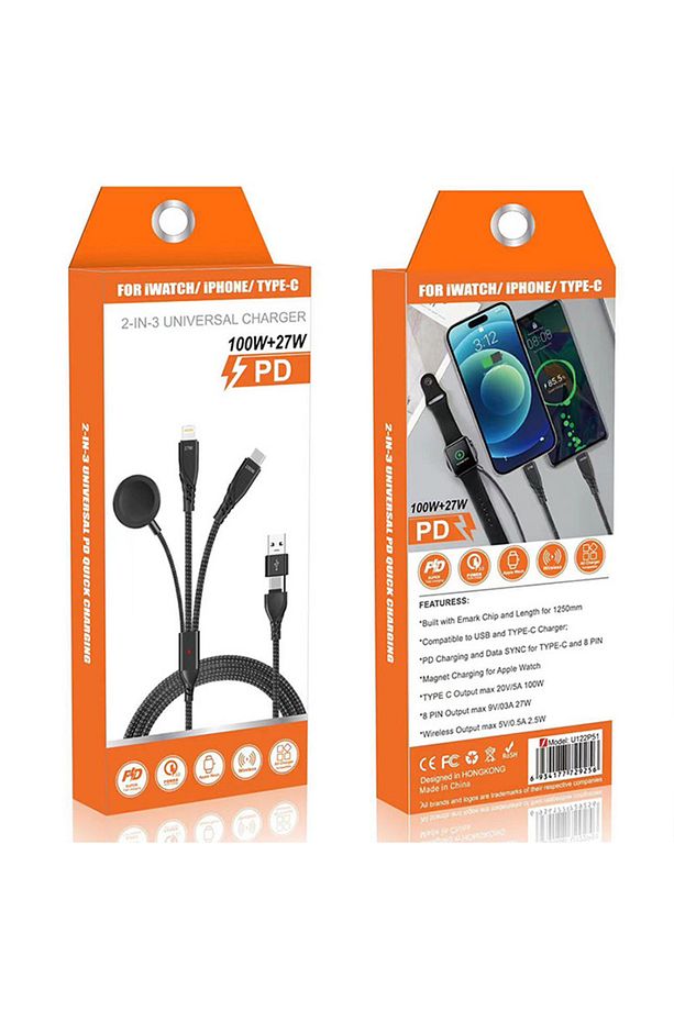 2x Type-c 100W-27W + Apple Watch İçin Type-c Şarj Adaptörü SİYAH - 4