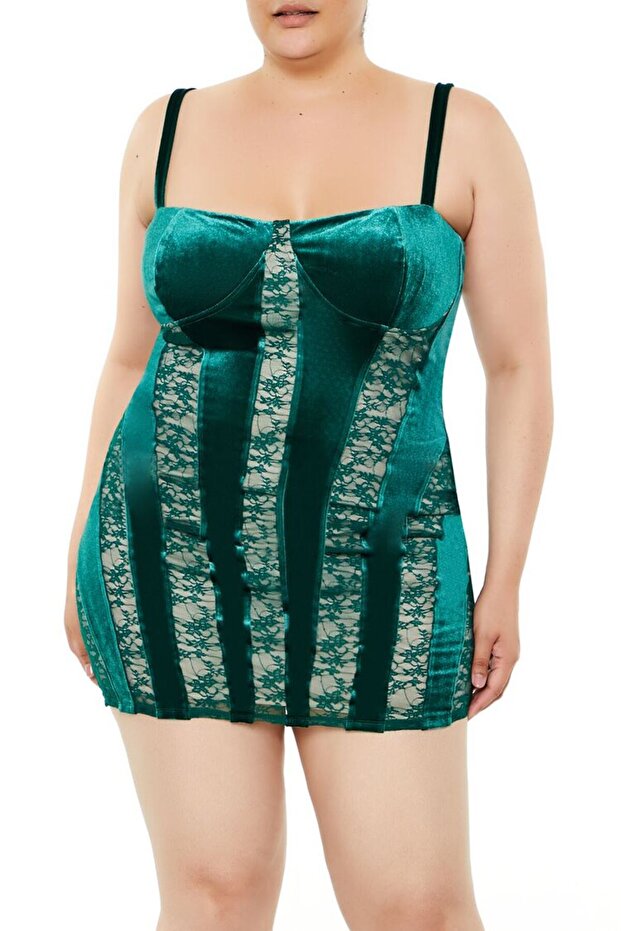 Plus Size Dantel Mini Elbise - 1