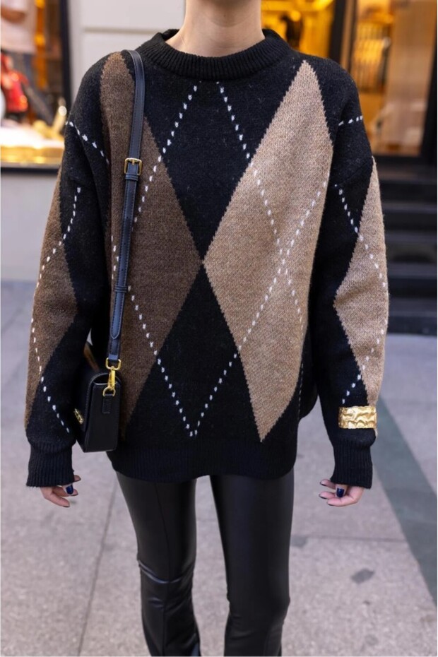 Oversize hnědé úplety s diamantovým vzorem - 2