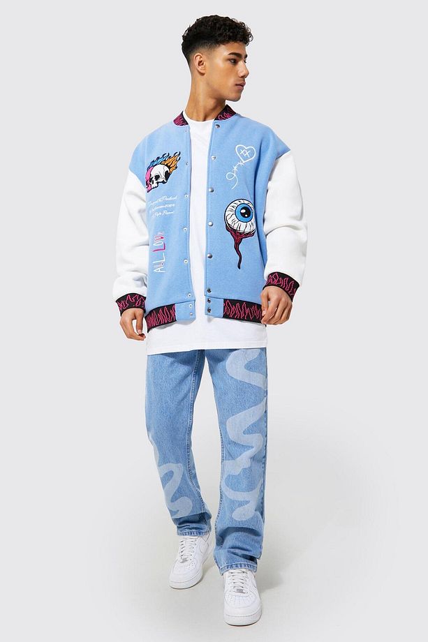 Unisex Oversize Nakiş Işlemeli Mavi Bomber Kolej Ceket - 7