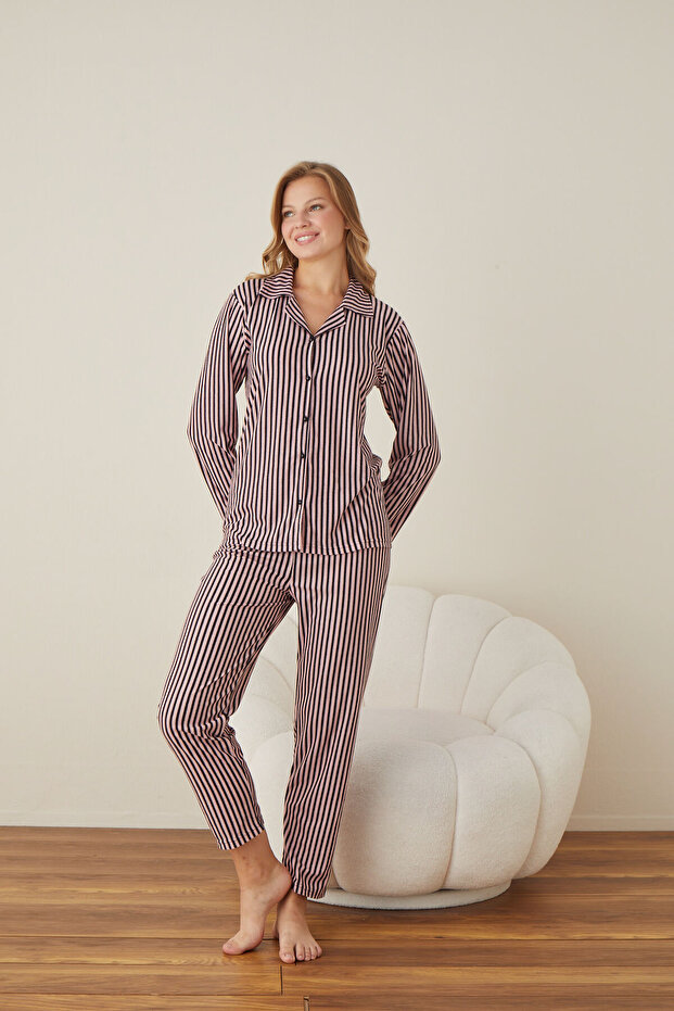 Women's Front Button Shirt Collar Suede Fabric Pajamas Set