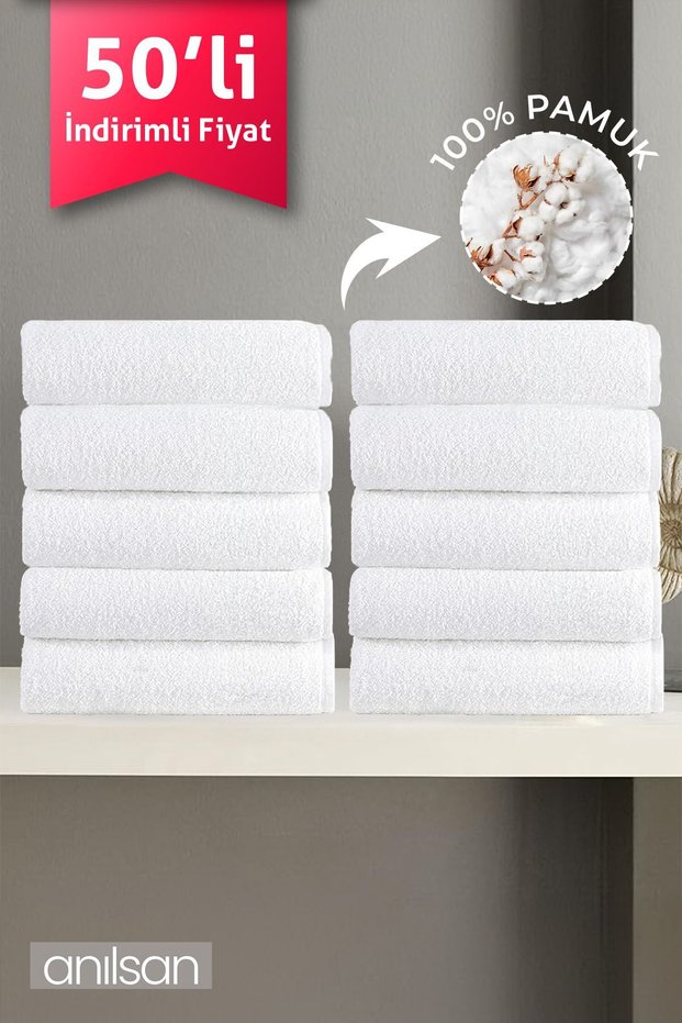 Pack of 50 White Hand Towels - 50X90 Cm, 225 Gr, 100% Cotton, Spa and Hotel Towels