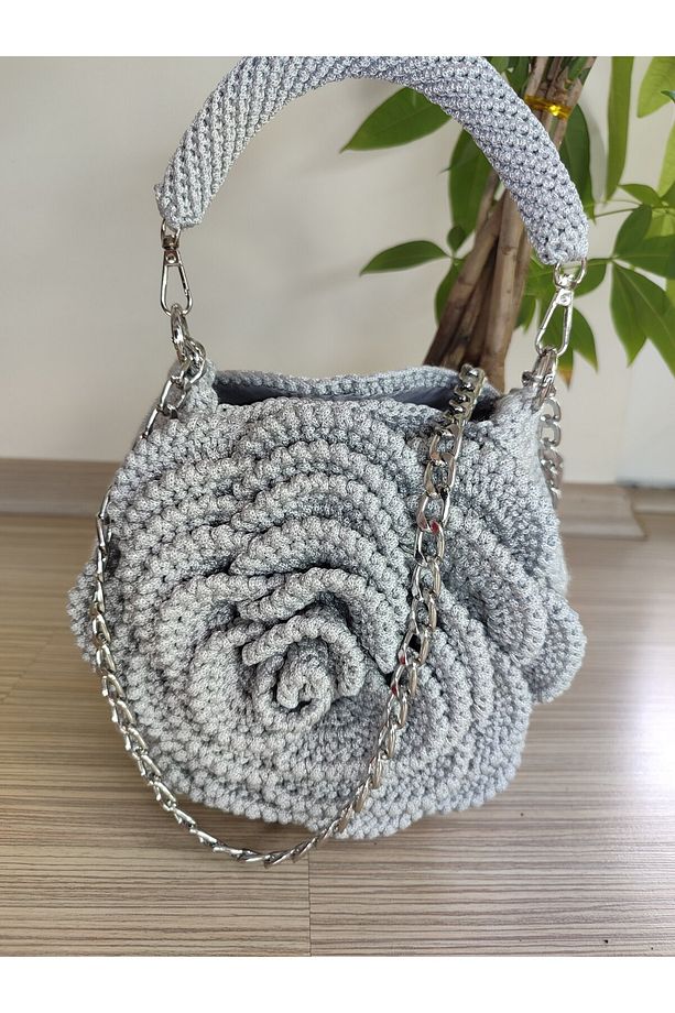 Polyester Makrome İpten Gül Detaylı Çanta - 5