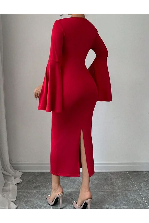 Yırtmaçlı Kol Şık Midi Kalem Elbise - 3