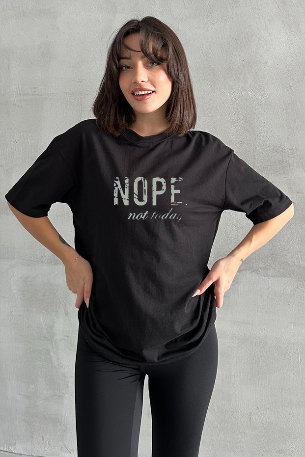 Women's Black Nope Printed Crew Neck Oversize T-Shirt