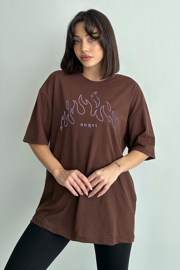 Women's Brown Angelprinted Crew Neck Oversize T-Shirt