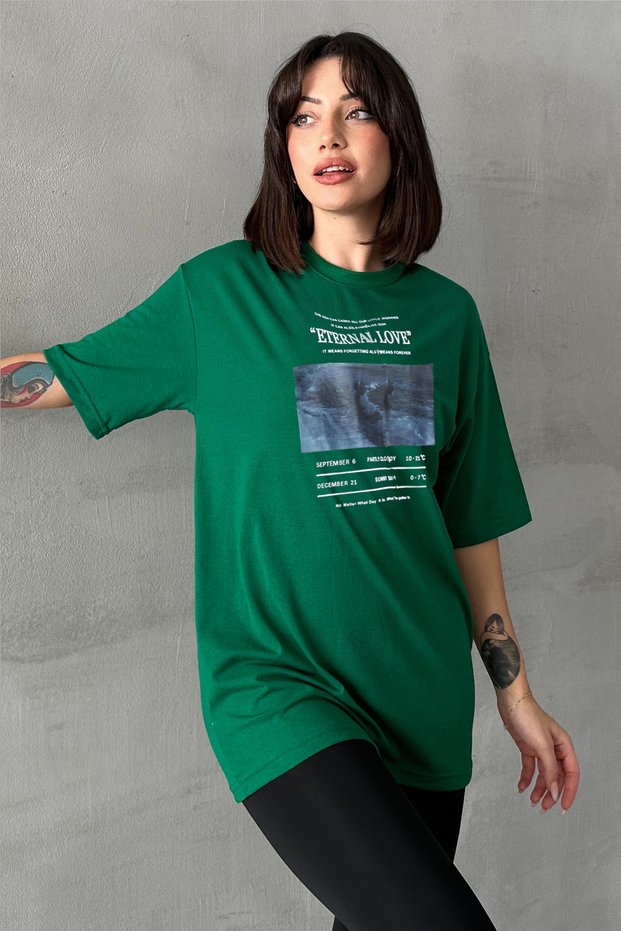 Women's Green Eternal Love Printed Crew Neck Oversize T-Shirt
