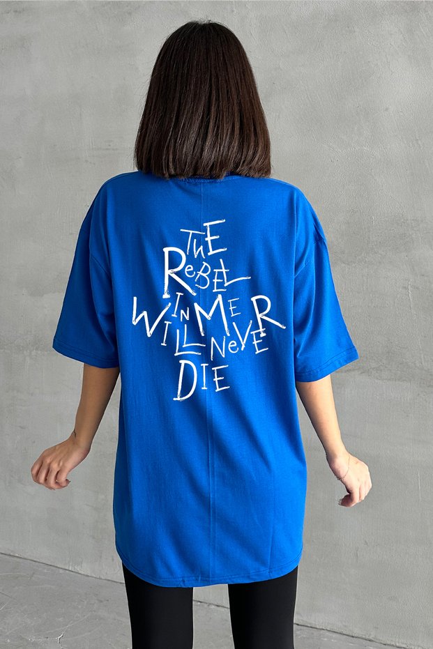 Women's Blue the Rebel Printed Crew Neck Oversize T-Shirt