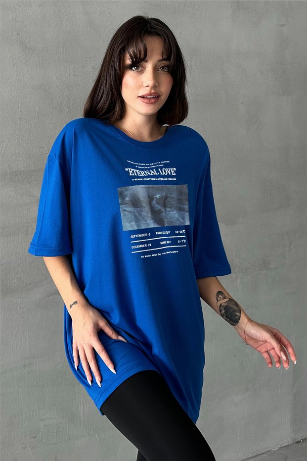 Women's Blue Eternal Love Printed Crew Neck Oversize T-Shirt