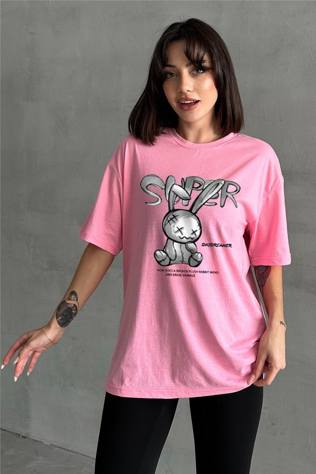 Women's Pink Super Plush Rabbit Printed Crew Neck Oversize T-Shirt