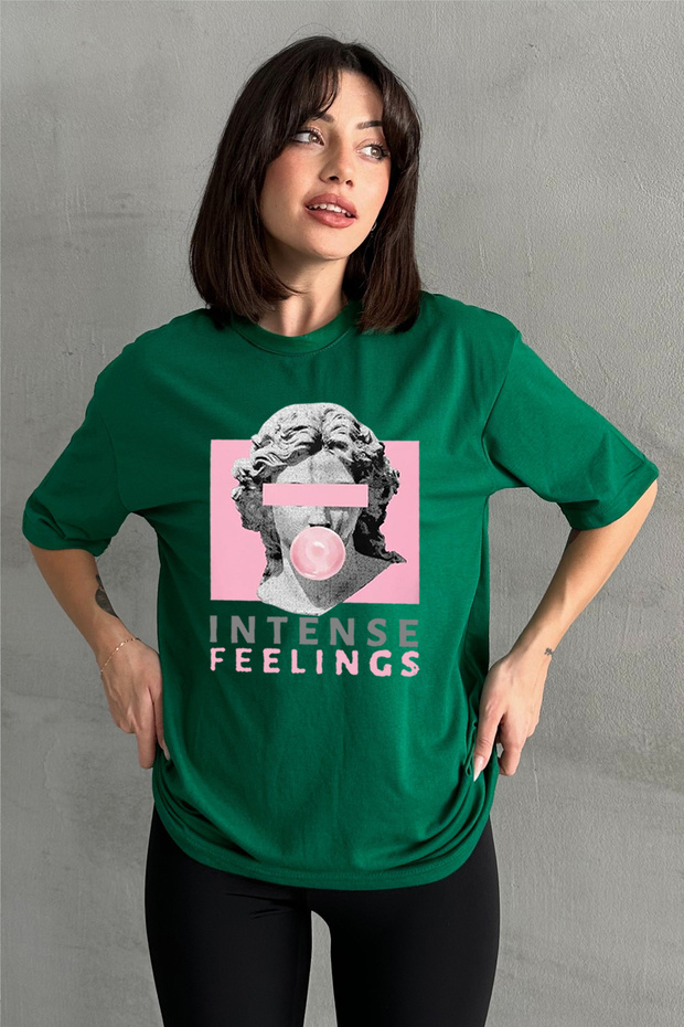 Women's Green Intense Feelings Printed Crew Neck Oversize T-Shirt