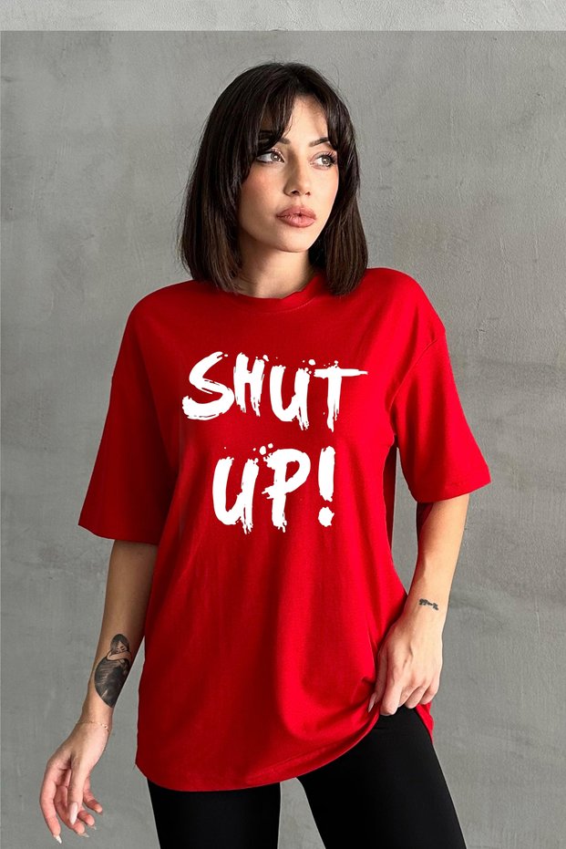 Women's Red Printed Crew Neck Oversize T-Shirt