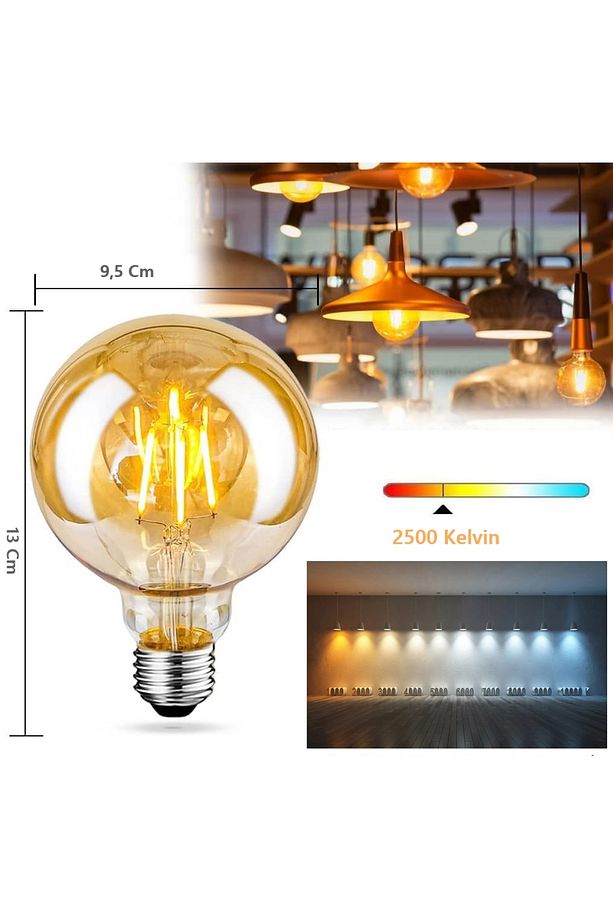 4W Rustik Led Ampul 2500K Dimlenebilir E27 Duylu 3 Adet Lambam G95 Amber Cam Sarı Işık Top Ampul - 3