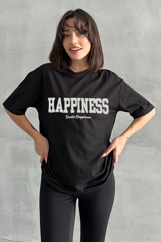 Women's Black Happiness Printed Crew Neck Oversize T-Shirt