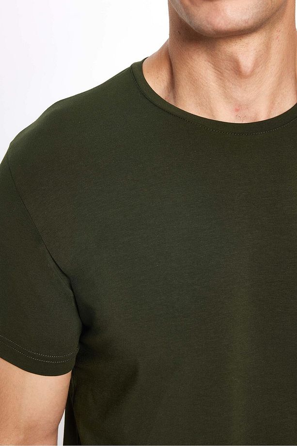 Erkek Slim Fit Dar Kesim Pamuklu Yumuşak Doku Likralı Esnek Kumaş Basic Haki Bisiklet Yaka Tişört - 4