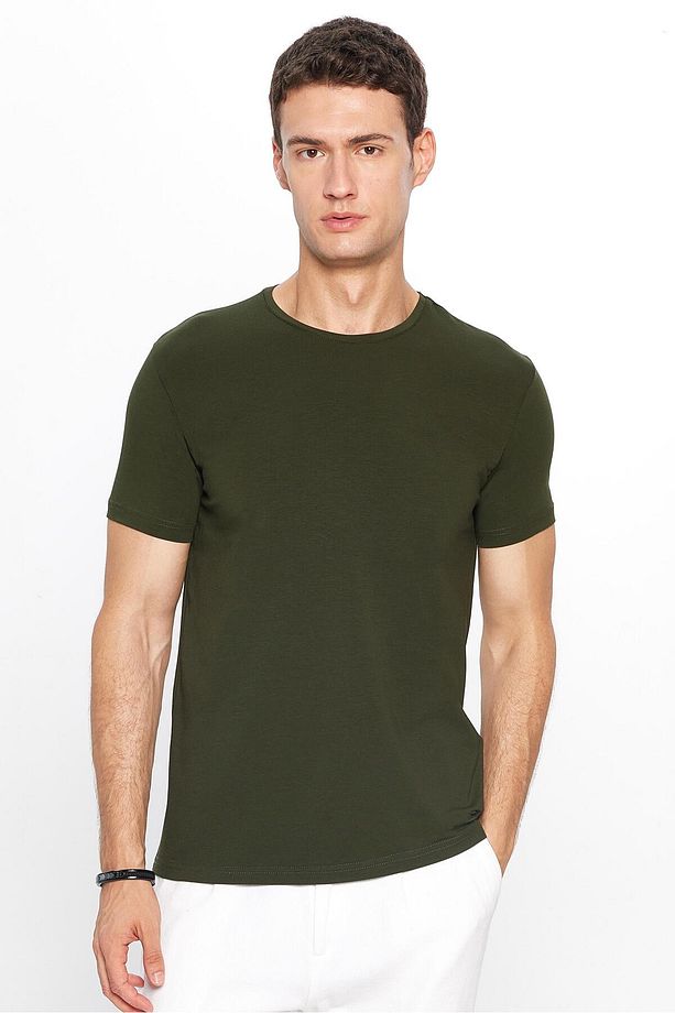 Erkek Slim Fit Dar Kesim Pamuklu Yumuşak Doku Likralı Esnek Kumaş Basic Haki Bisiklet Yaka Tişört - 3