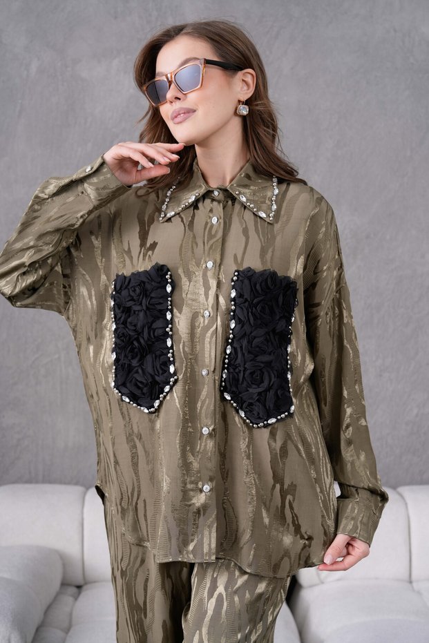 Women's Pocket Detailed Jacquard Shirt Double Set