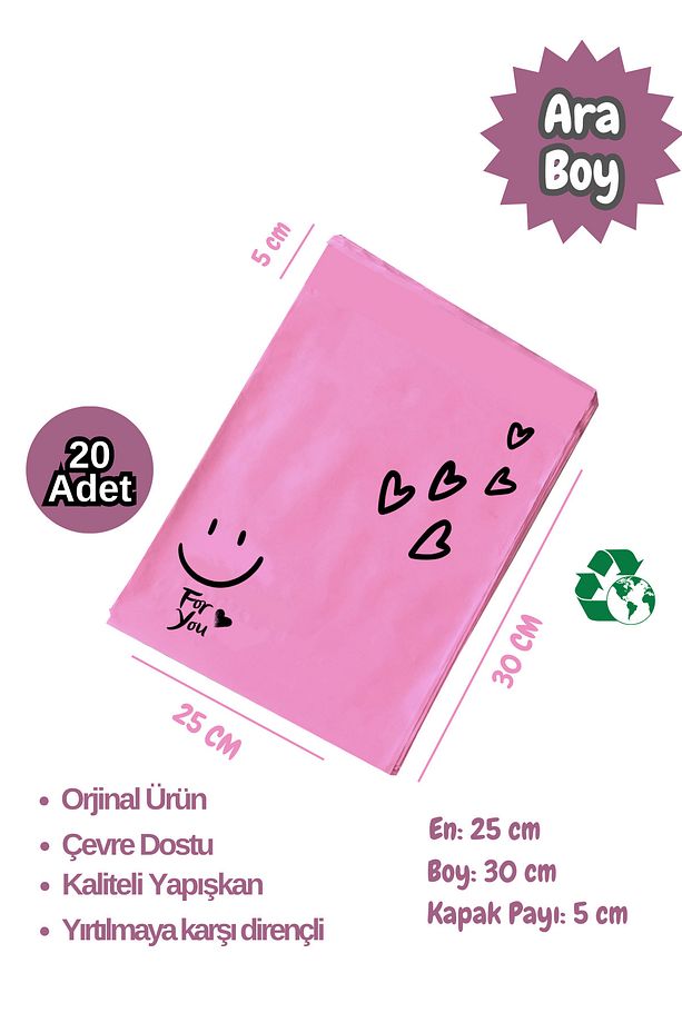 20 Adet 25x35(+5cm Kapak) Fuşya Yapışkanlı Hediye Poşeti Kargo Poşeti - 1
