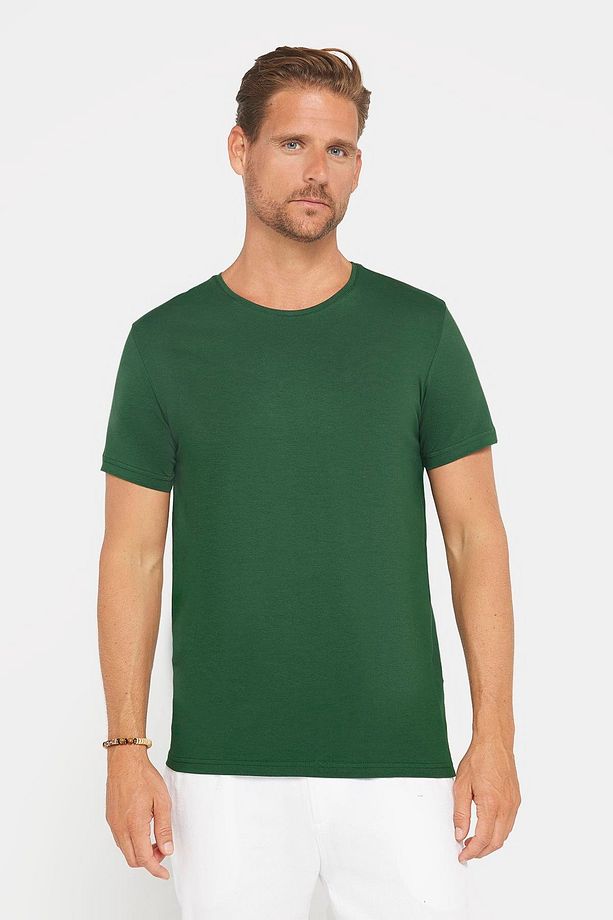 Erkek Slim Fit Dar Kesim Pamuklu Yumuşak Doku Likralı Esnek Kumaş Basic Yeşil Bisiklet Yaka Tişört - 2