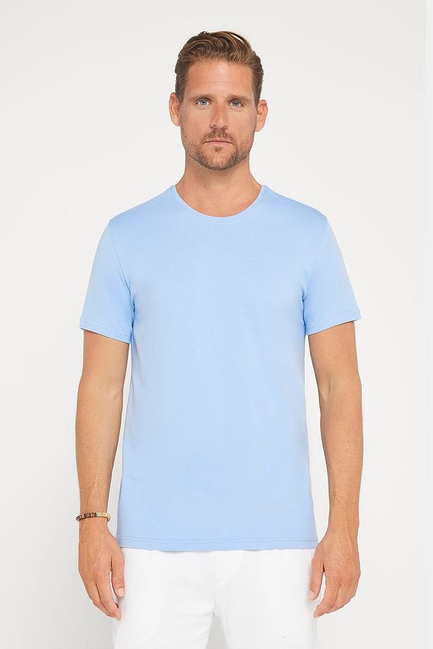 Erkek Slim Fit Dar Kesim Pamuklu Yumuşak Doku Likralı Esnek Kumaş Basic Mavi Bisiklet Yaka Tişört - 2